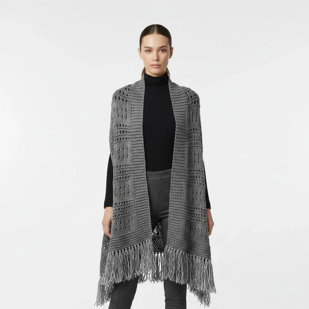 NEW Gray Shawl Scarf Wrap Boho Fringe Hand Knit Fringe Coastal Indie Artsy Moody
